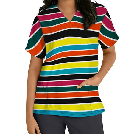 

Summer Savings Clearance 2022! SuoKom Scrubs Tops Women Tops Short Sleeve V-neck Tops Working Uniform Stripe Print with Three Pockets Blouse