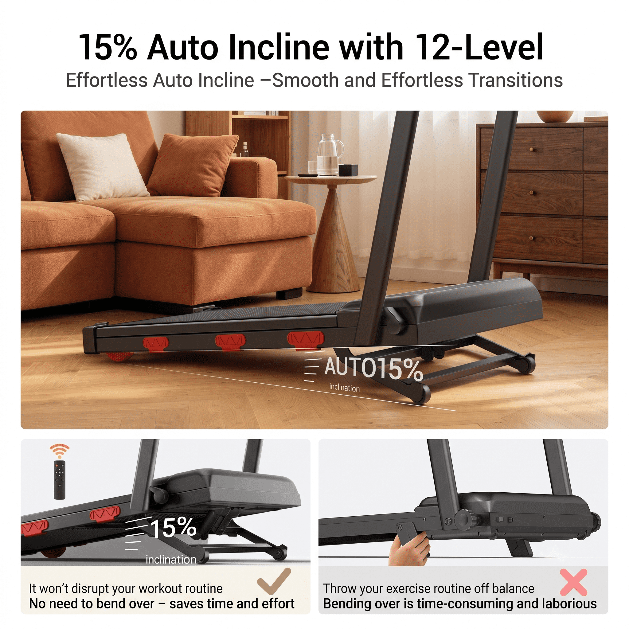 UMAY 15% Auto Incline Under Desk Walking Pad, 12-Level, Foldable with Handrails, 43″ High Armrests, Portable for Home