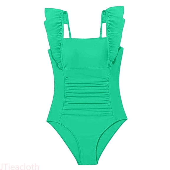 JTieacloth One-Piece Bathing Suit Girls Swimsuit Ruffle Adjustable Straps Bathing Suit Solid Color Ruched Girls Swimwear,Green,9-10 Years