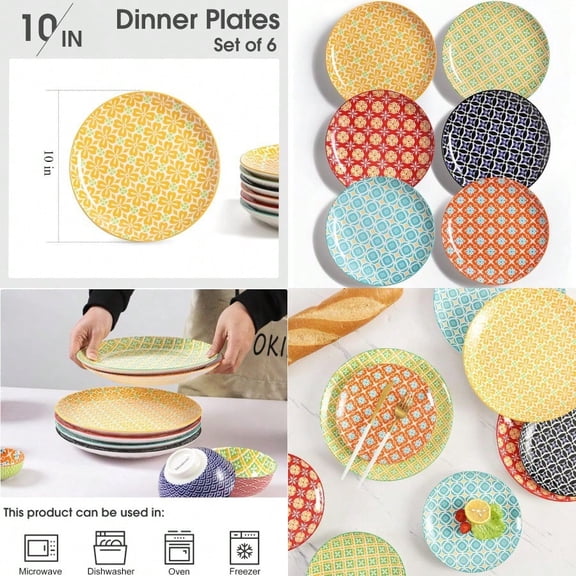 10 Ceramic Dinner Plates Porcelain Dert Salad Plate Set Colorful Serving Dishes for Pasta Pancakes Steak Set of 6 Dishwasher Microwave Safe