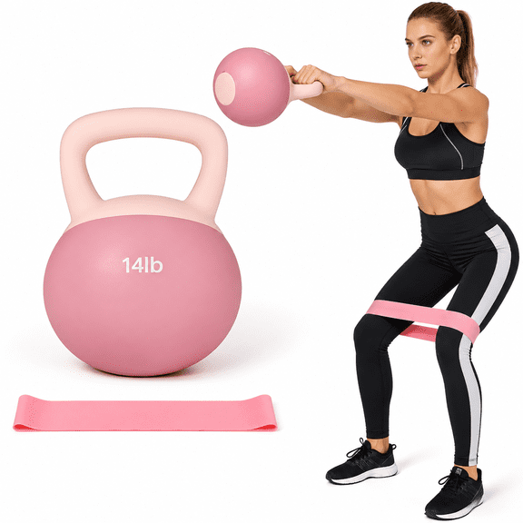 14 lb Soft Kettlebell with Resistance Band for Swings, Squats and Deadlifts, Pink