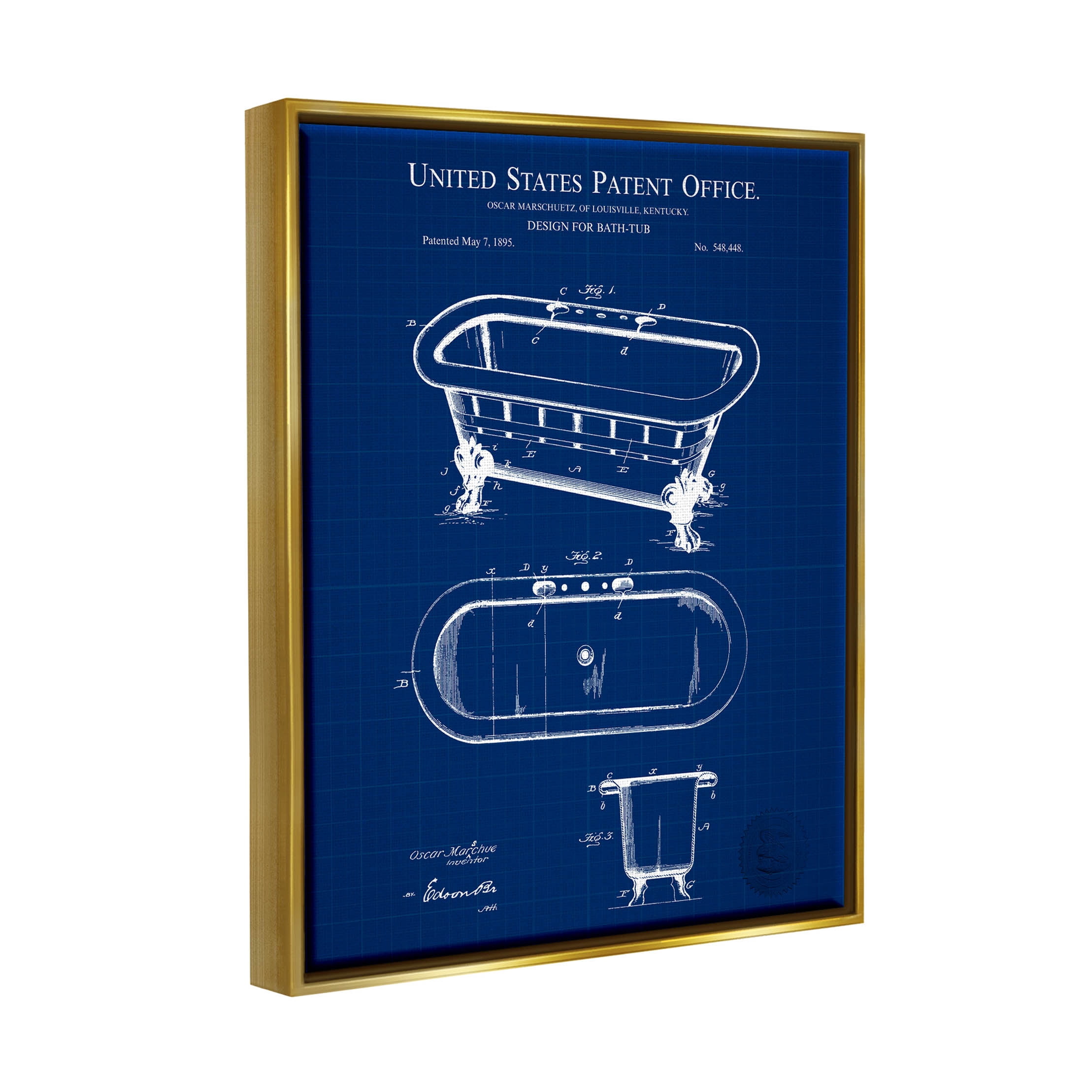 Stupell Industries Blue Bathtub Patent Blueprint Graphic Art Metallic Gold Floating Framed Canvas Print Wall Art, Design by Karl Hronek