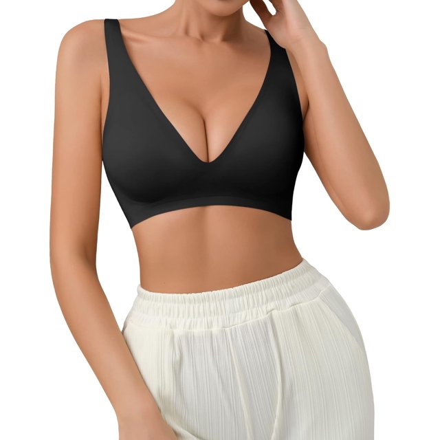 Pro Seamless Bra for Women Deep V Neck Wirefree Bra Adjustable Strap Comfort Sleep Bra Removable Padded Bralette