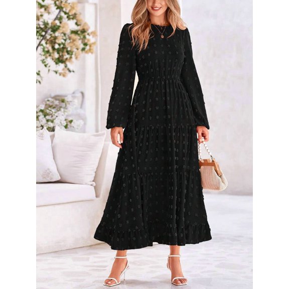 Black Long Sleeve Tiered Maxi Dress With Floral Embroidery