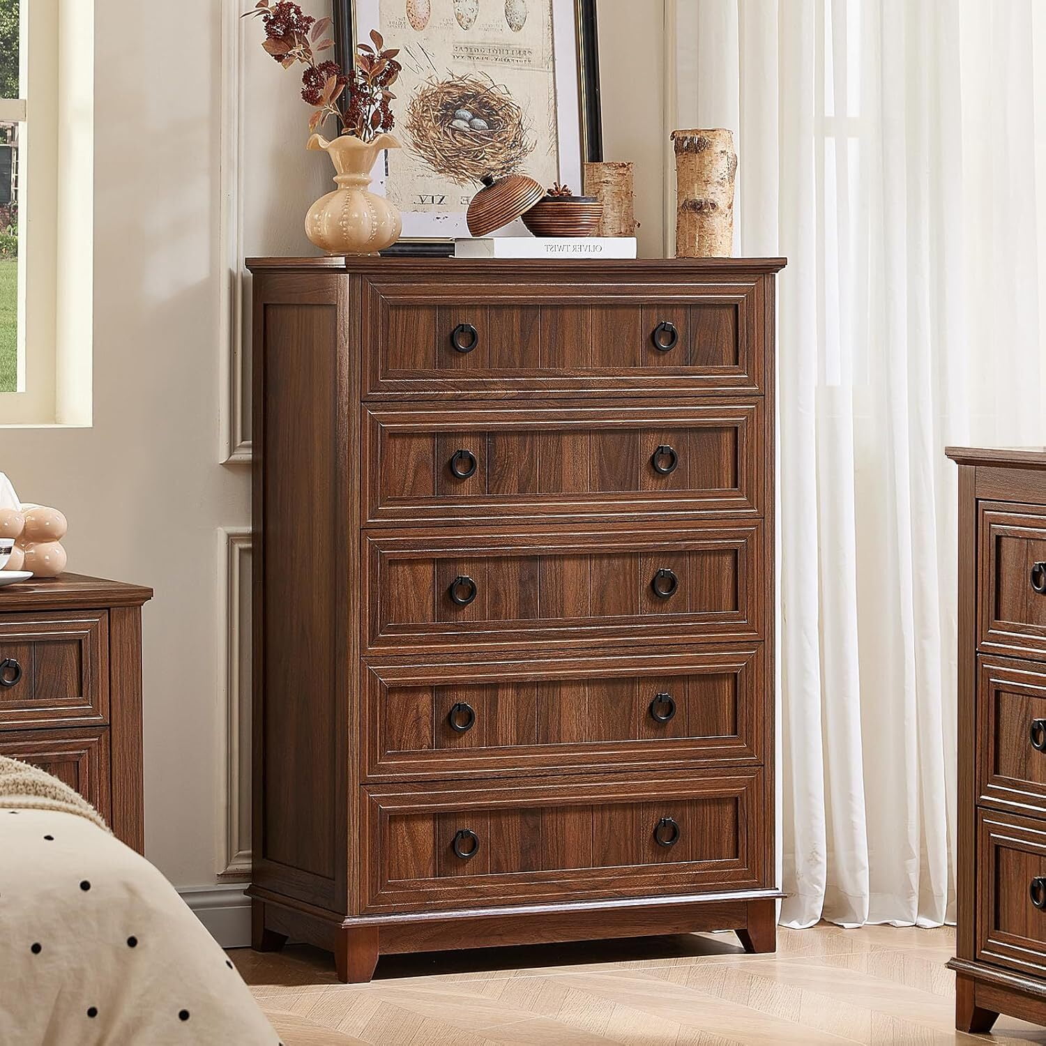 Farmhouse Dresser for Bedroom Set of 2, Modern Wooden 5 Drawer Tall Dresser, Chest of Drawers, Storage Cabine Living Room Hallway, Brown