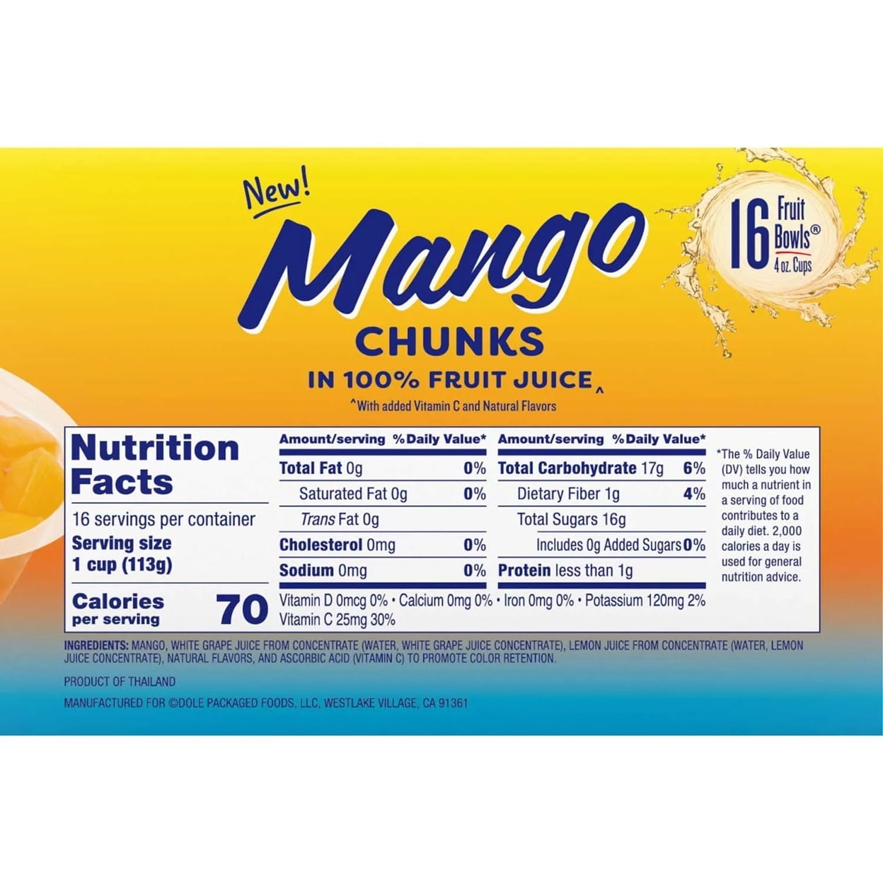 Dole Diced Mango in 100% Fruit Juice 16 - 4 oz Cups