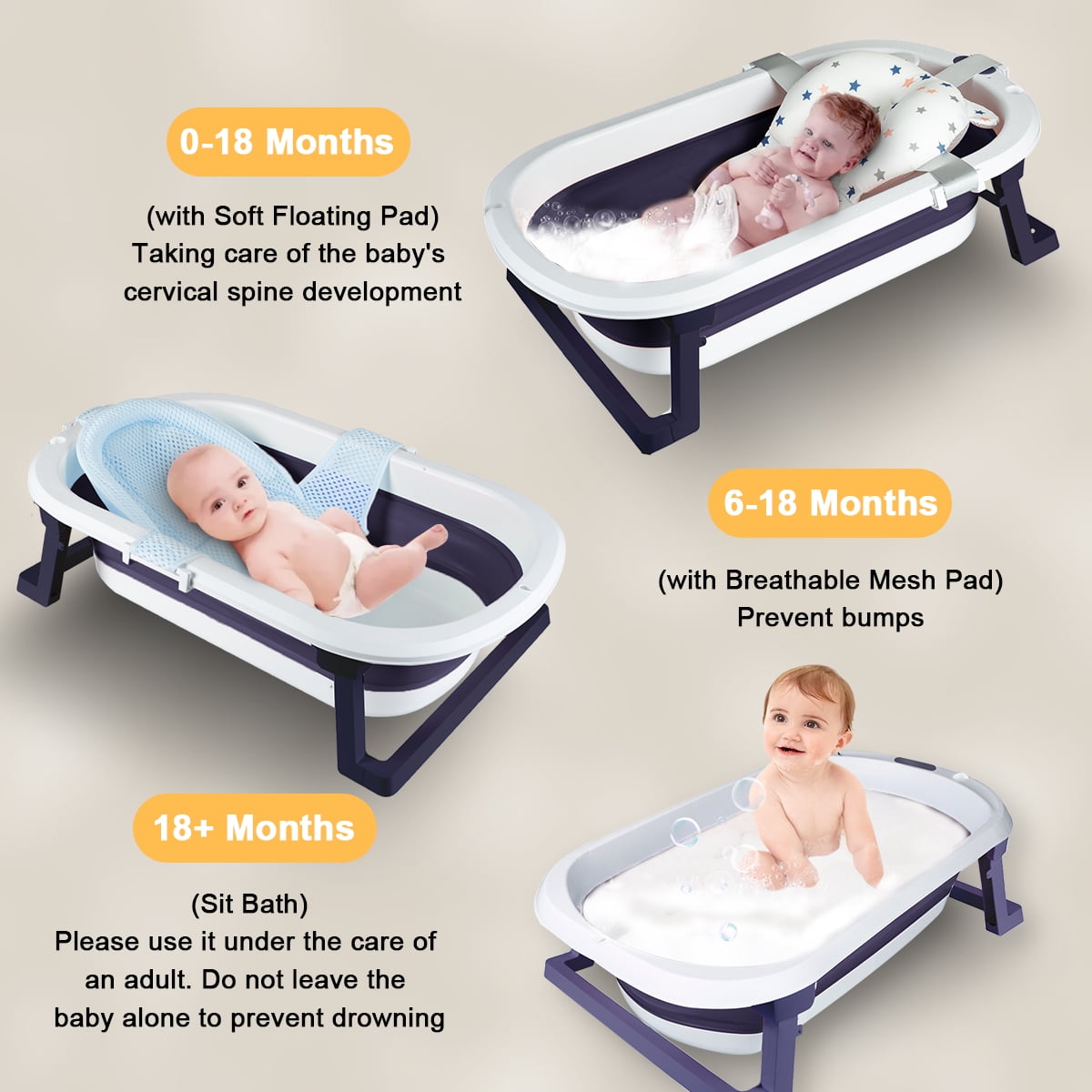 Hurber Folding Baby Bathtub, Infant Bath Tub with Anti Slip Pad, Boys, Blue w/Floating Pad