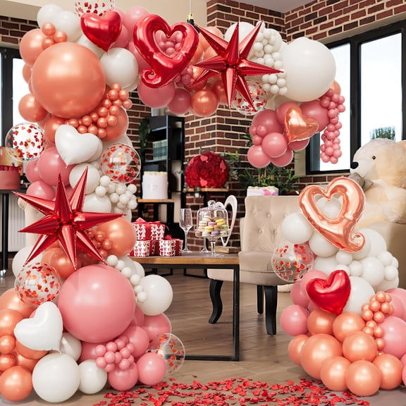 Valentines Day Balloons Arch Garland Kit, Dusty Pink, Sand White, Pearl Rose Gold, Red Heart Confetti, Love, Star Balloons for Valentine's, Anniversary, Wedding Party Decorations