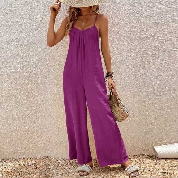 Women's Flowy Wide Leg Jumpsuit Spaghetti Strap Sleeveless Loose Fitting Pleated Rompers Pants for Beach Vacation Purple S