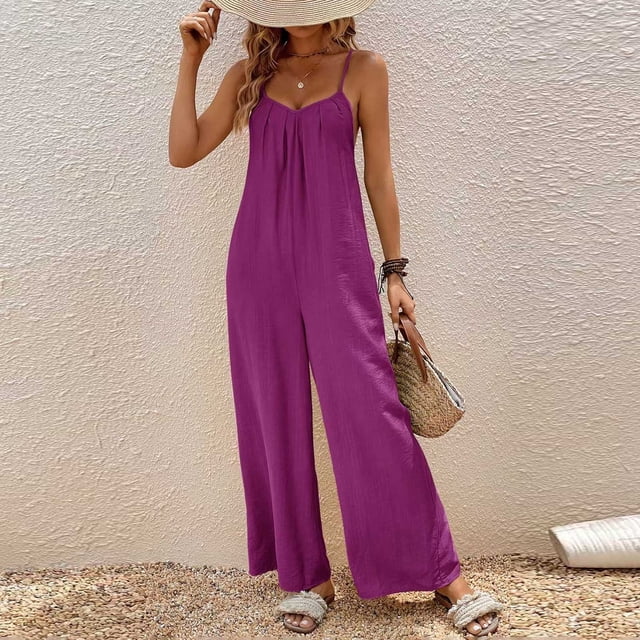Maqroz Wide Leg Jumpsuits for Women Dressy Plus Size Adjustable Spaghetti Strap Pleated V Neck Button Down Rompers Jumpsuits Spring Summer Casual Loose Bib Overalls Palazzo Pants with Pockets S