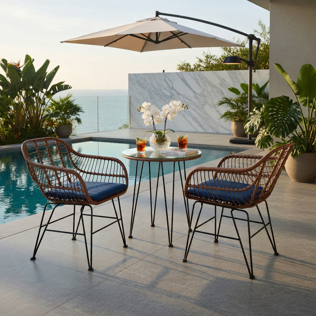 Hommoo 3-Piece Outdoor Rattan Bistro Set with Removable Cushions, Steel Frame, Tempered Glass Table, for Patio, Balcony, Poolside, Navy