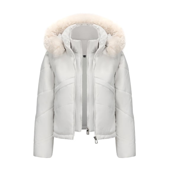 Cropped Puffer Jacket For Womens 2025 Winter Stand Collar Zip Up Quilted Puffer Coats With Faux Fur Hood Trendy