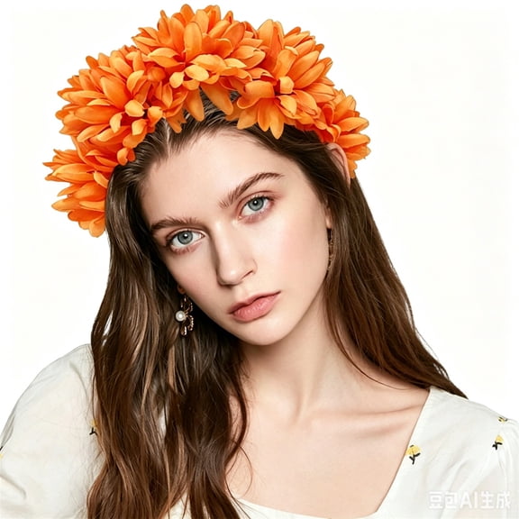 Fall Flower Crown Headband, Floral Wreath Headpiece for Women, Orange One Size