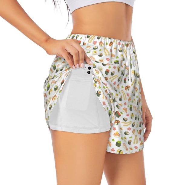 Balery Sushi and Rolls Pantalones cortos deportivos para mujer con forro y dos bolsillos, elásticos, para entrenamiento, gimnasio, yoga-XX-Large