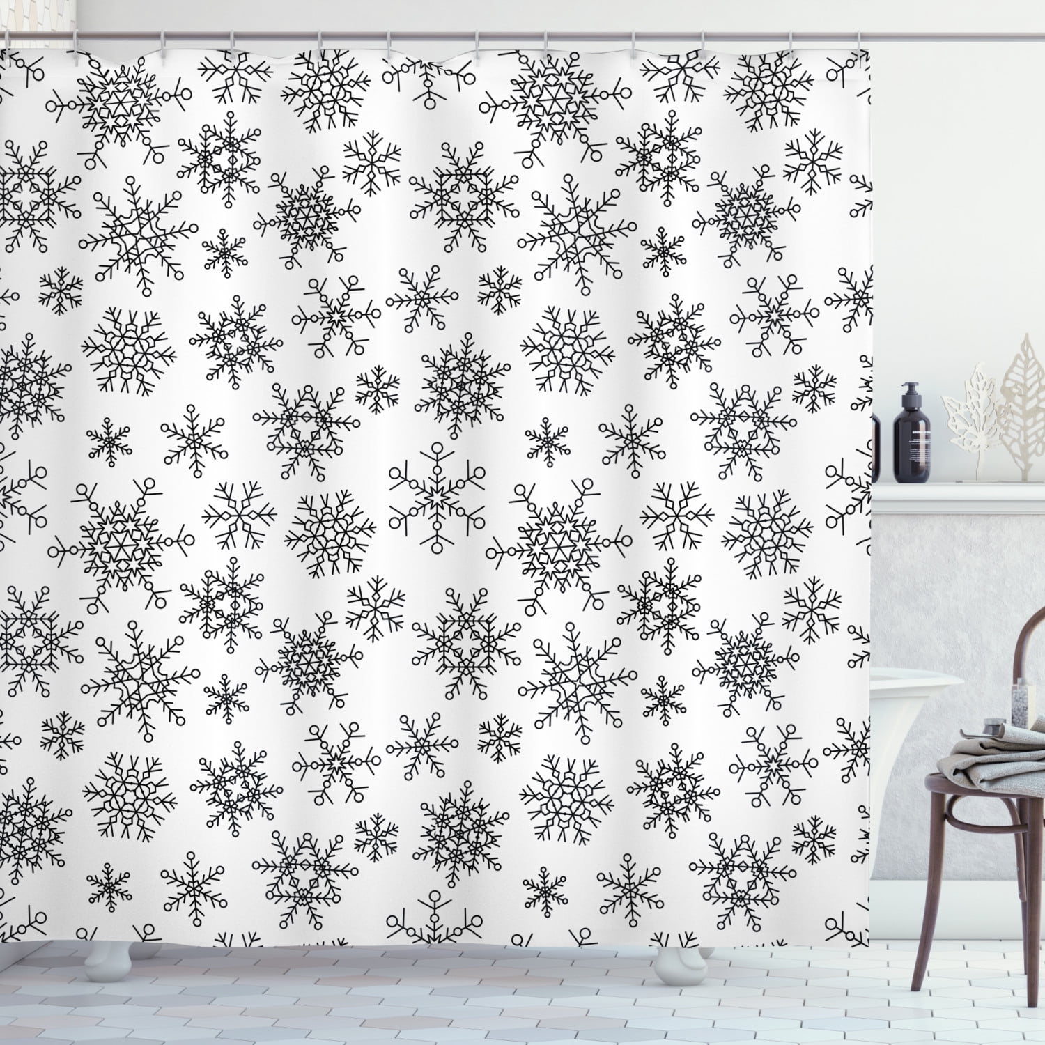 Snowflake Shower Curtain, Line Art Design Snowflake Pattern Geometric