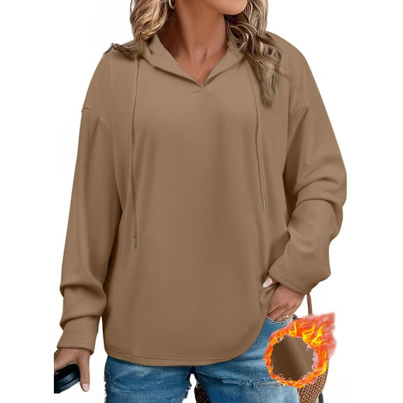 SHEWIN Sweatshirt for Women Plus Size Hooded Sweatshirts Fleece Sweatshirt V Neck Drawstring Long Sleeve Hoodie Pullover Tops for Fall 2025 Brown 2X