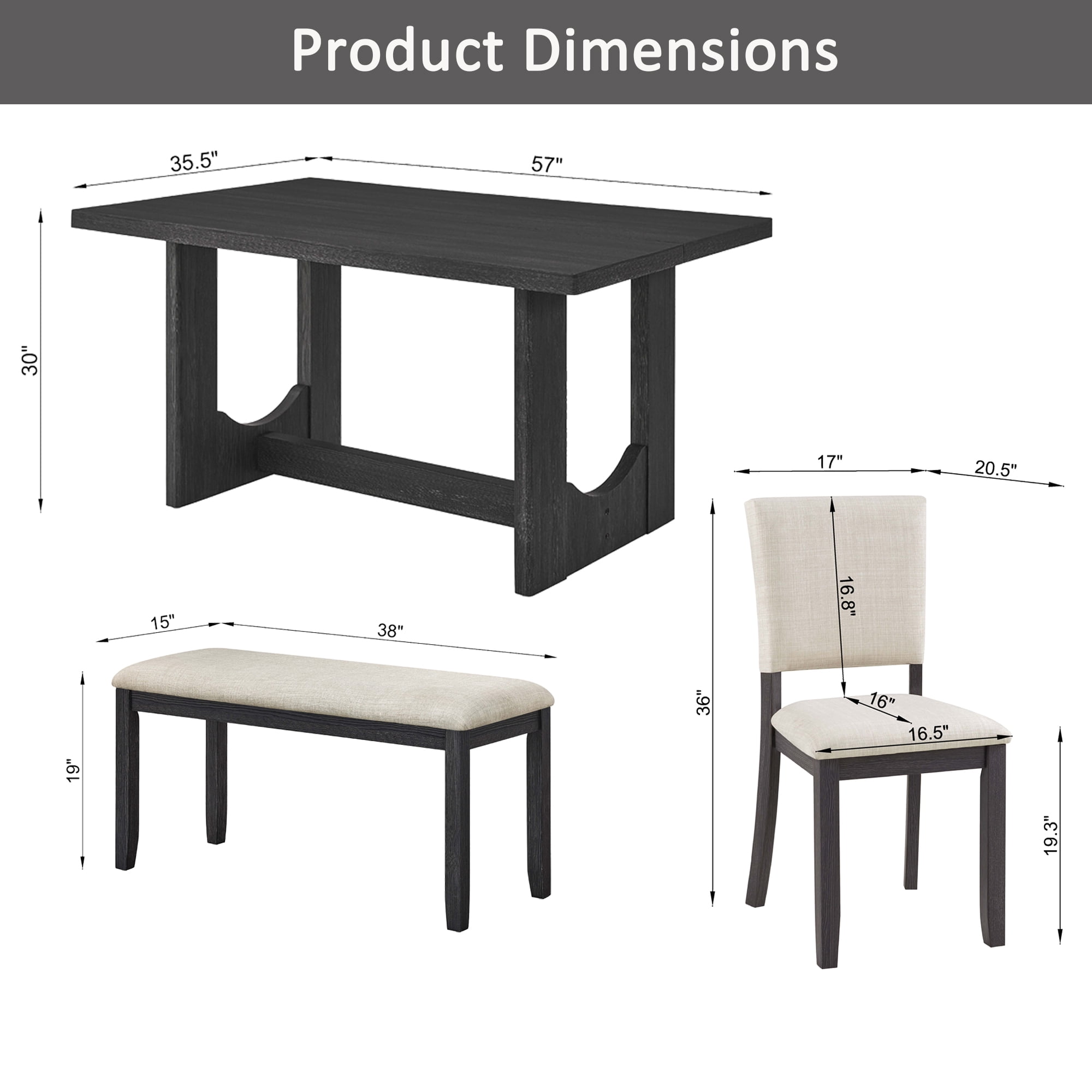 6-Piece Dining Table Set for 6, 57" Wood Rectangular Kitchen Table with 4 Chairs & Bench