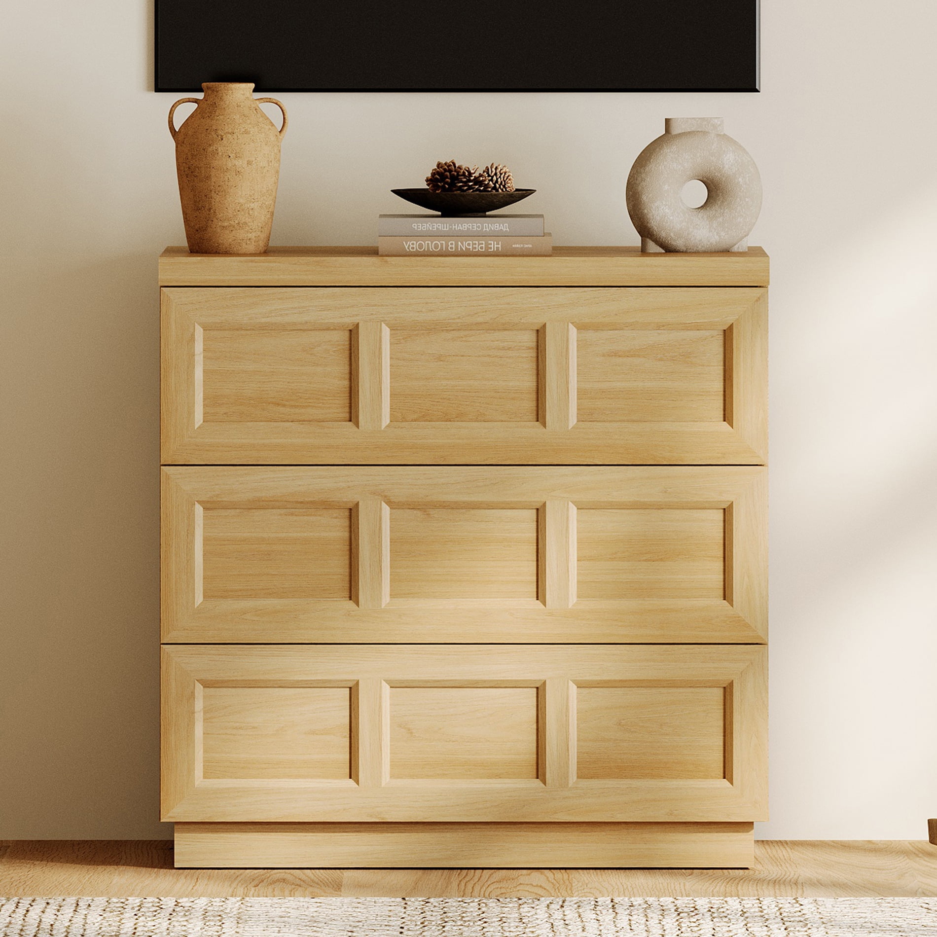 HOMOOI 3-Drawer TV Stand for 26-40" TV, Boho Thickened Wood Media Console With Smooth Silent Gliding Drawers, Anti-Wobble Stable Entertainment Center for Living Room,Oak