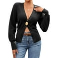 thumbnail image 2 of Women Knitted Cardigan Long Sleeve V-Neck Sweater One Leaf Button Down Outwear Black M, 2 of 9