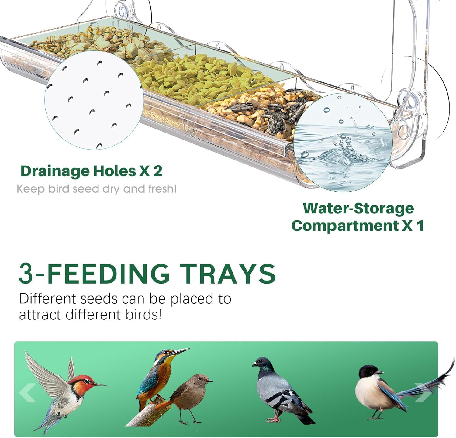 Window Bird Feeder for Outdoors, Clear Wild Bird Feeders Window Mounted with Self-Adhesive Hooks, Outside Hummingbird, burd, Oriole, Finch Bird Watching for Garden, Yard, Elderly Kids Viewing