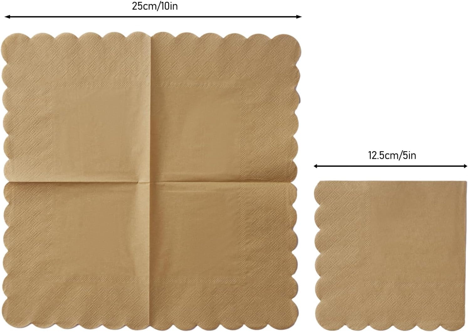 200 Pack Cocktail Napkin 2-Ply Scalloped Edged Dessert Napkins Folded 5 x 5 Inches Disposable Napkins for Dinner Wedding Birthday Party Bridal Anniversary Reception Event (Brown)