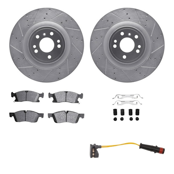 Dynamic Friction Company Front Brake Rotors-Drilled and Slotted-Silver with Heavy Duty Brake Pads includes Sensor and Hardware 7222-63003
