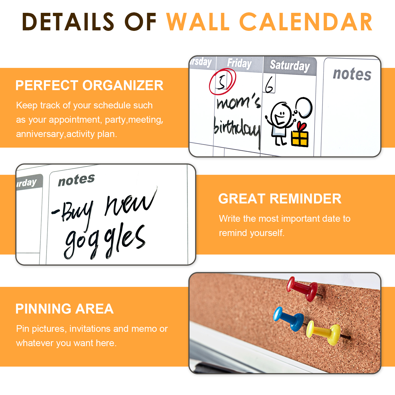 Swancrown 3-in-1 Dry Erase Calendar & Cork Board 24x18 photo 3