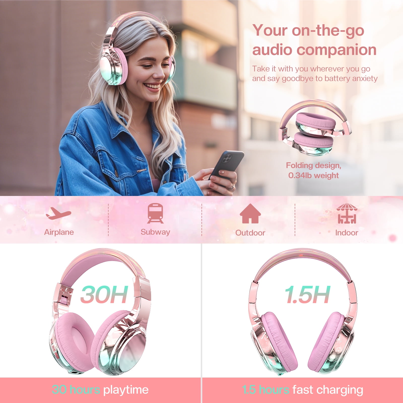 QearFun Bluetooth Headphones for Kids, Wireless Headphones with Built-in Mic, Includes Aux Cord, USB C, 3.5mm Jack, Bluetooth 5.3, On Ear Kids Headphones for School/Travel/Tablet(Pink)