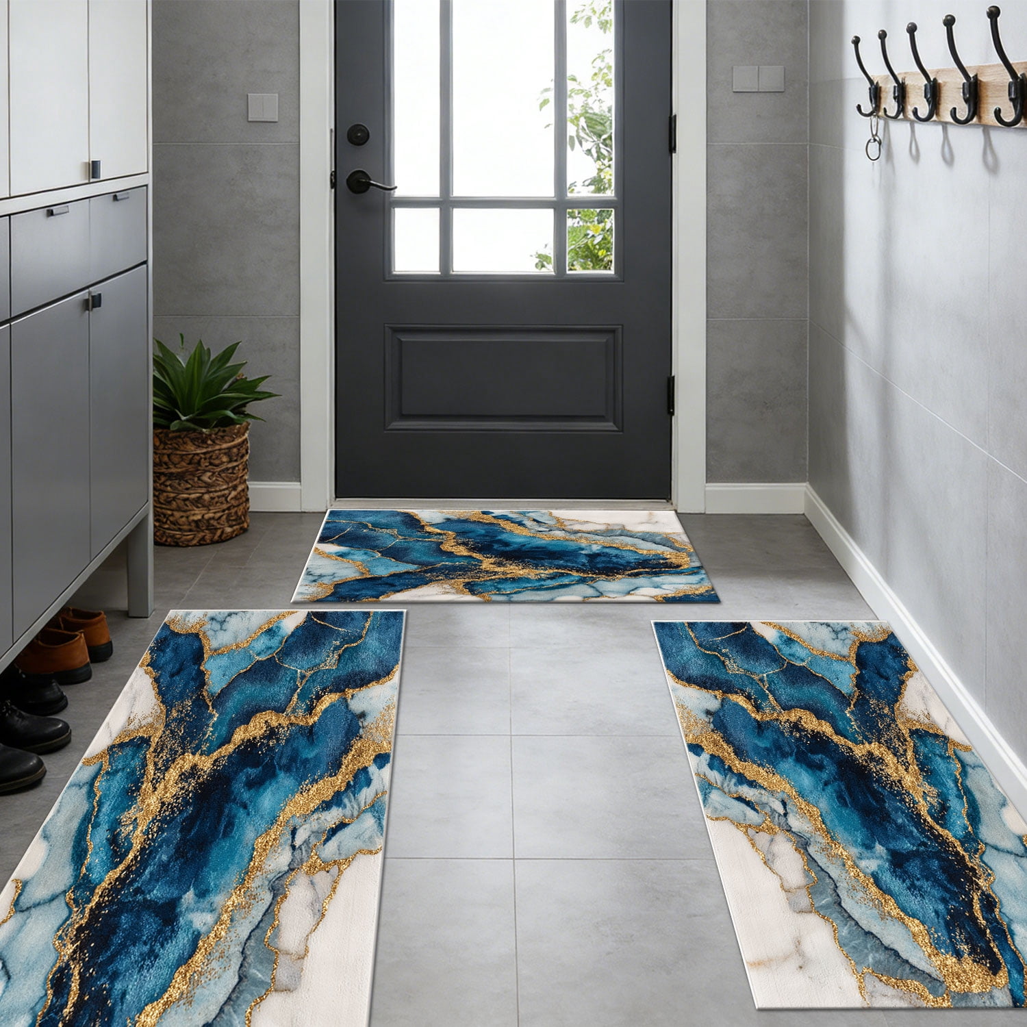 3-Piece Farmhouse Striped Kitchen Rug Set Anti-Slip Backing, Machine Washable Distressed Floor Mats for Kitchen Hallway Bathroom Laundry Room Christmas Decor