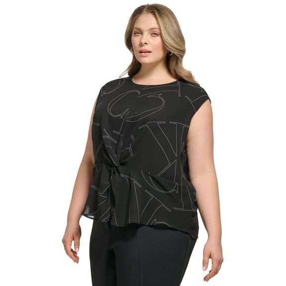 Plus Size Twist-Front Logo-Print Top Dark Gray 3X
