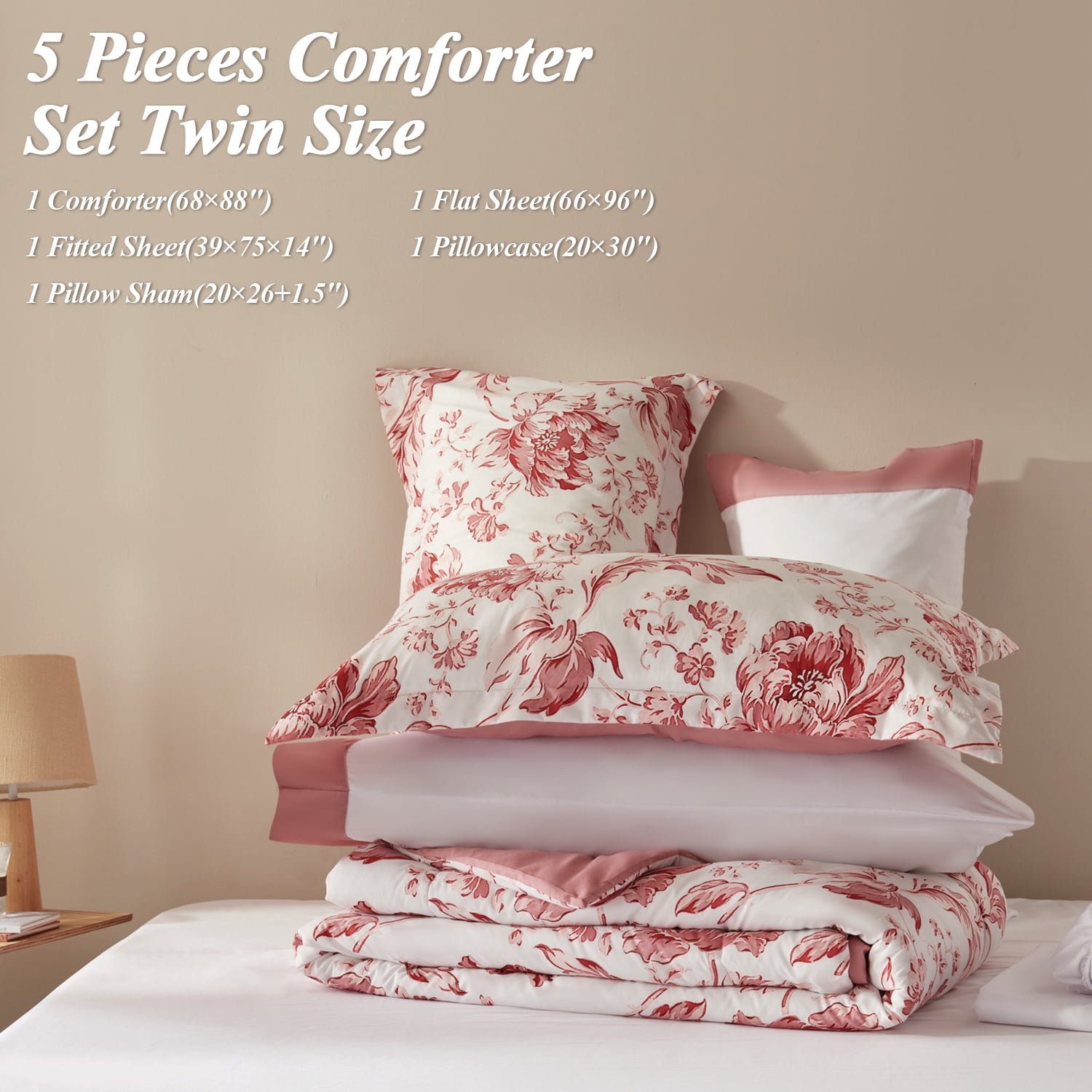 Bedtreat Twin Comforter Sets,5-Pieces Reversible Bedding Sets,Bed in a Bag with Comforter,Flat Sheet and Fitted Sheet,Pillowcase & Sham,Lisse,Mauveglow
