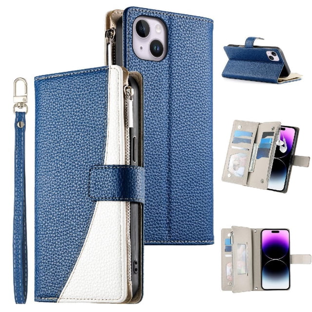 Funda cartera GANGXUN para iPhone 14 Plus , cuero PU con tarjetero, cremallera, correa de mano, soporte y protección 676°