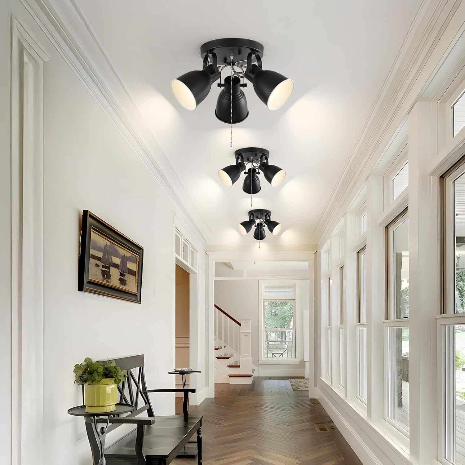 3 Light Ceiling Light with Pull Chain,Adjustable Directional Ceiling Track Light,Industrial Pull Chain Light Fixtures for Bedroom Hallway Closet.