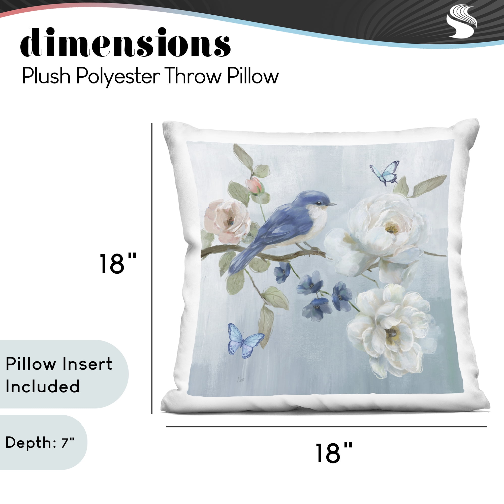 Stupell Industries Blue Bird Tranquility Decorative Printed Throw Pillow, design by Nan, 18 x 7 x 18