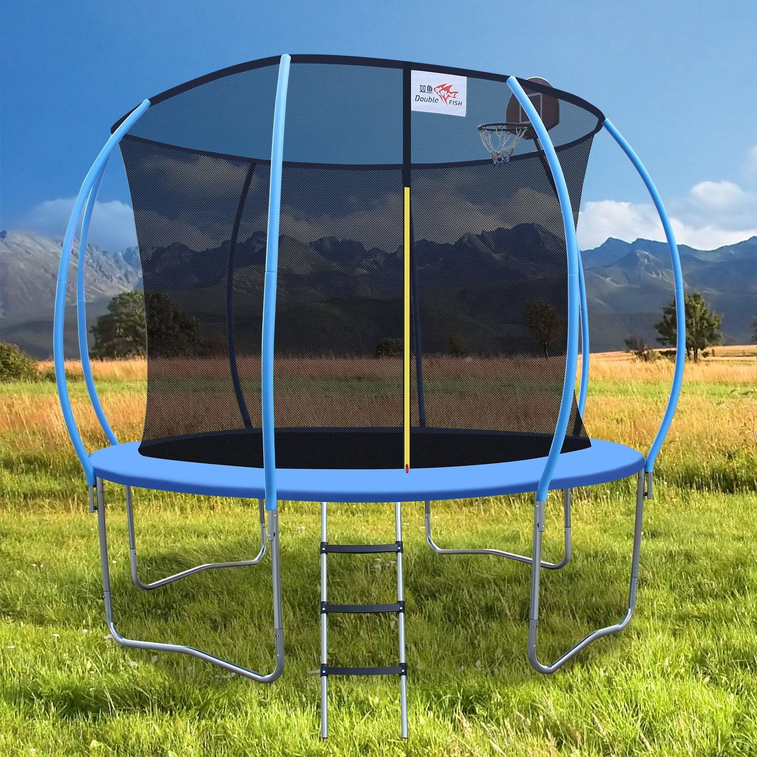 Double Fish 10ft Trampoline with Enclosure Safety Net Jumping Fun Trampoline Heavy-duty Jump Pads with Basketball Hoop, Spring-loaded for Kids and Adults
