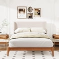 thumbnail image 1 of Queen Size Bamboo Platform Bed, Mid-Century Bed Frame with Tall Upholstered Headboard, Wood Slat Support, No Box Spring Needed, Easy Tool-Free Assembly, Beige+Brown, 1 of 7