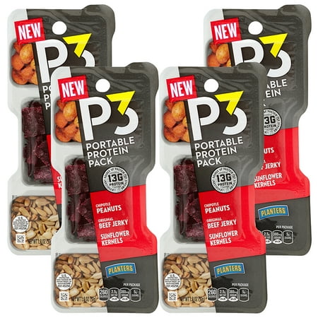 (4 Pack) Planters P3 Chipotle Peanuts, Original Beef Jerky and Sunflower Kernels, 1.8 oz