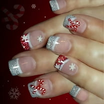 Christmas French Glittering Art Short Fake Nails With Snowflake Cane Design Noneed Tools Needed ABS Materials