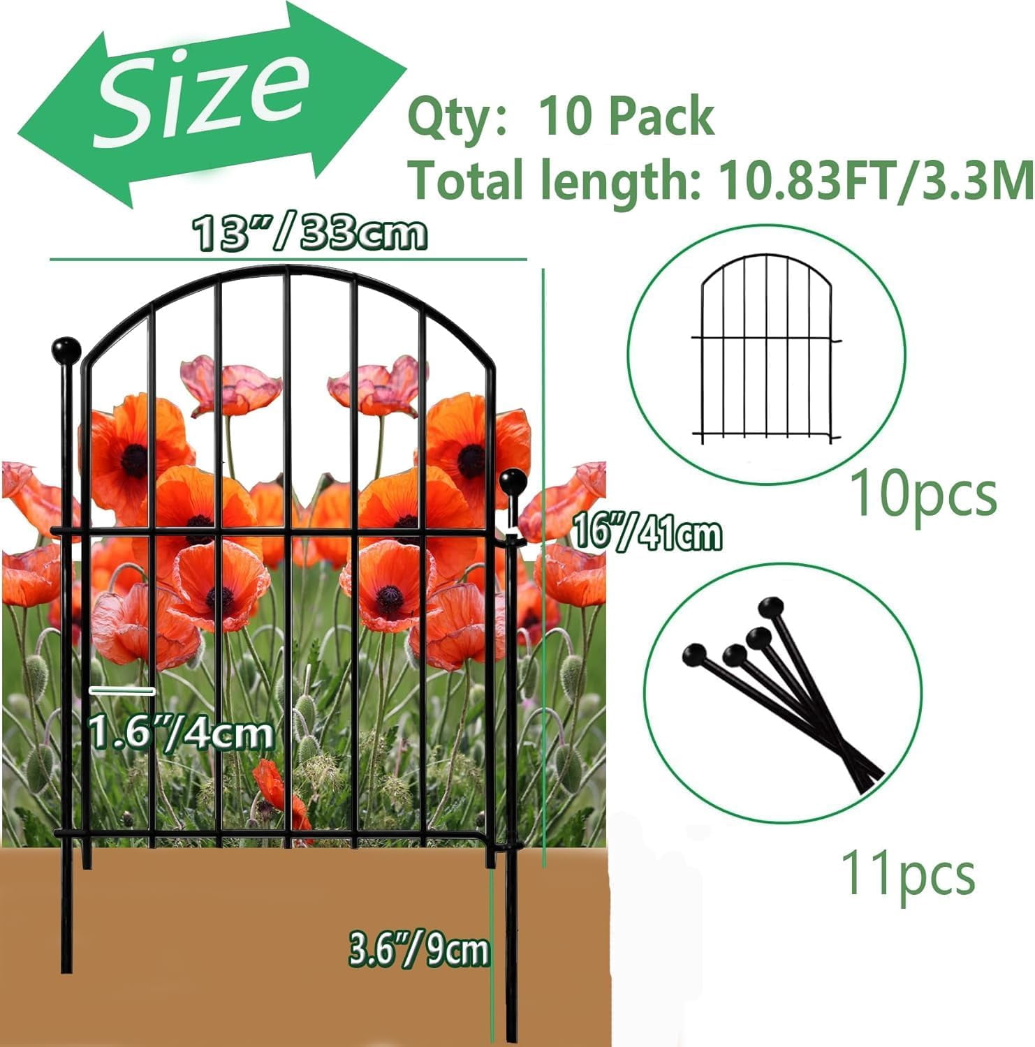 10 Pack Decorative Garden Fence Panels, Rustproof Metal Animal Barrier - Dog, Rabbit, Yard & Patio Fencing, Heavy Duty Wire Border for Flower Beds, Easy No Dig Installation