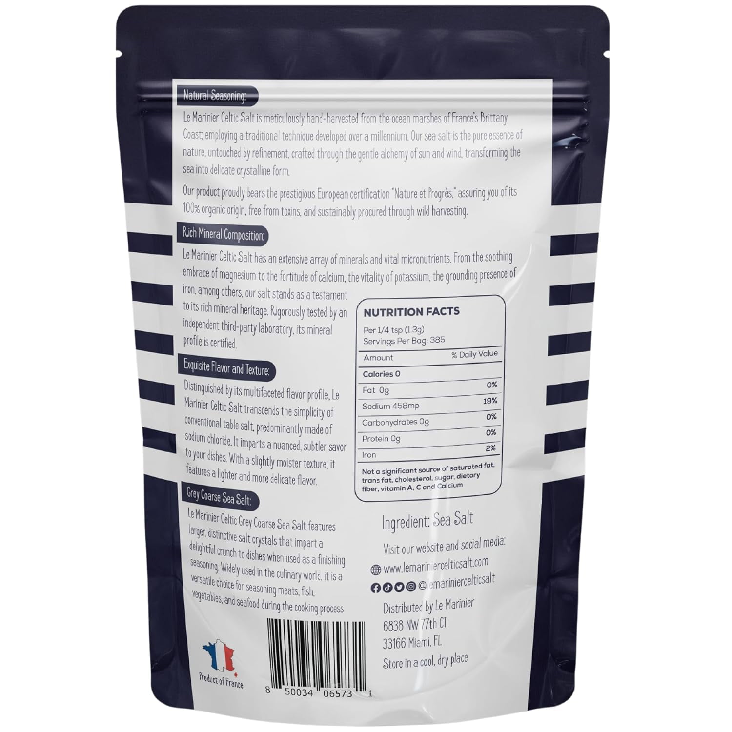 Le Marinier Celtic Salt Organic Grey Coarse, 1.1lb - 18oz Pack of 2. Mineral Rich Unrefined French Sea Salt 100% Natural, Hand Harvested (1.1lb Grey Coarse - Pack of 2)