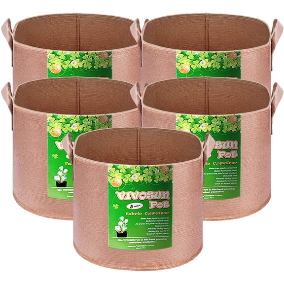 VIVOSUN 5-Pack 5 Gallon Brown Grow Bag, Fabric Pot with Handles for Vegtables and Plants
