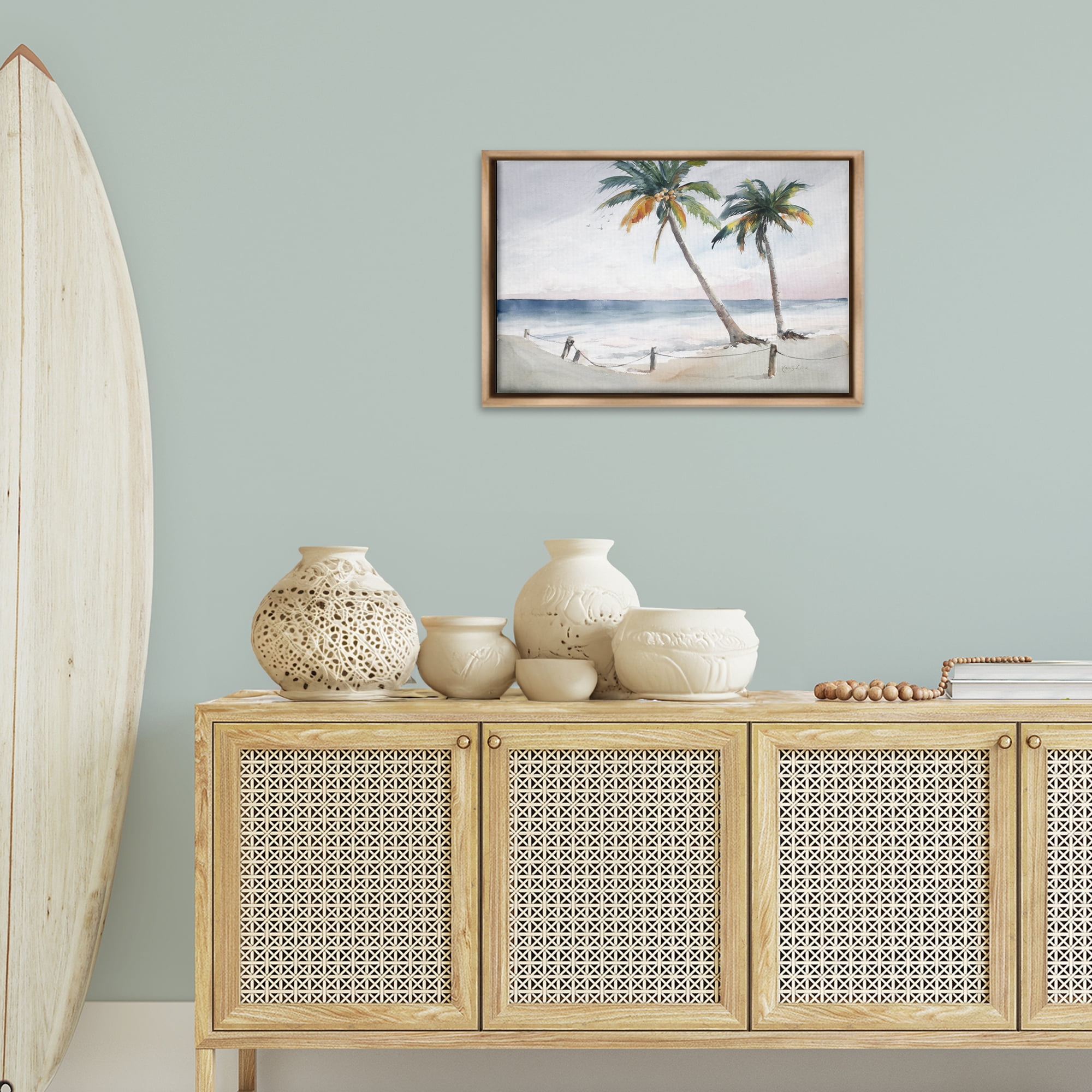 Stupell Industries Two Palms Serene Coast Nautical & Beach Painting Brown Floater Framed Canvas Art Print Wall Art, 25 x 17