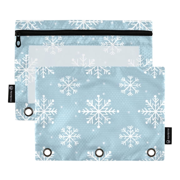 FORMRS 2 Pack Pencil Pouch for 3 Ring Binder with Clear Window Zipper Case, Gray Snowflake