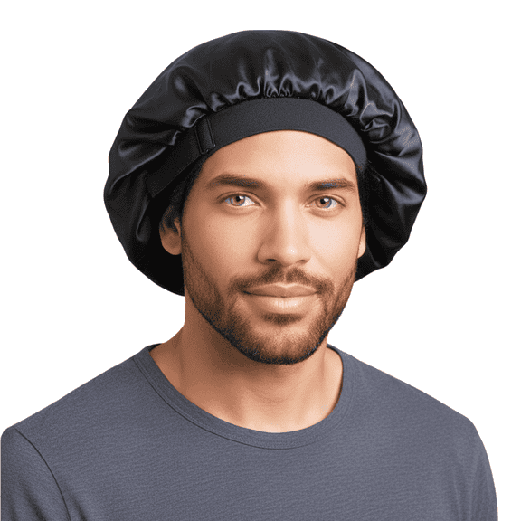 Unisex Frizz-Free Moisture Retention Charmeuse Silk Satin Sleep Hair Bonnet, Black