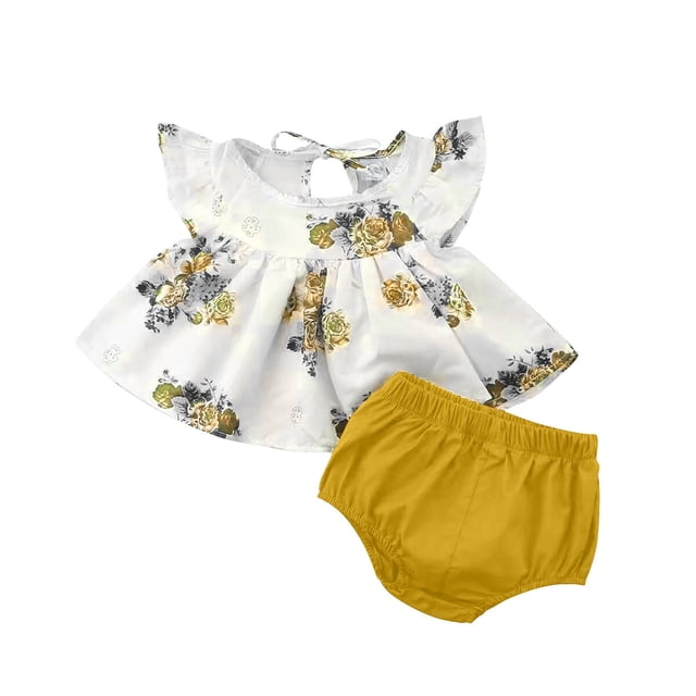 ¡Liquidación de verano! Conjuntos Honeeladyy de blusa informal con cuello redondo y pantalón corto con estampado de vendaje para niños (amarillo, 0-3 meses)