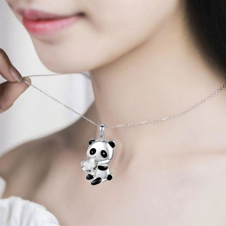 Black and Silver Panda Bear Holding Clear Heart Anti-Tarnish Jewelry  J-45-BS