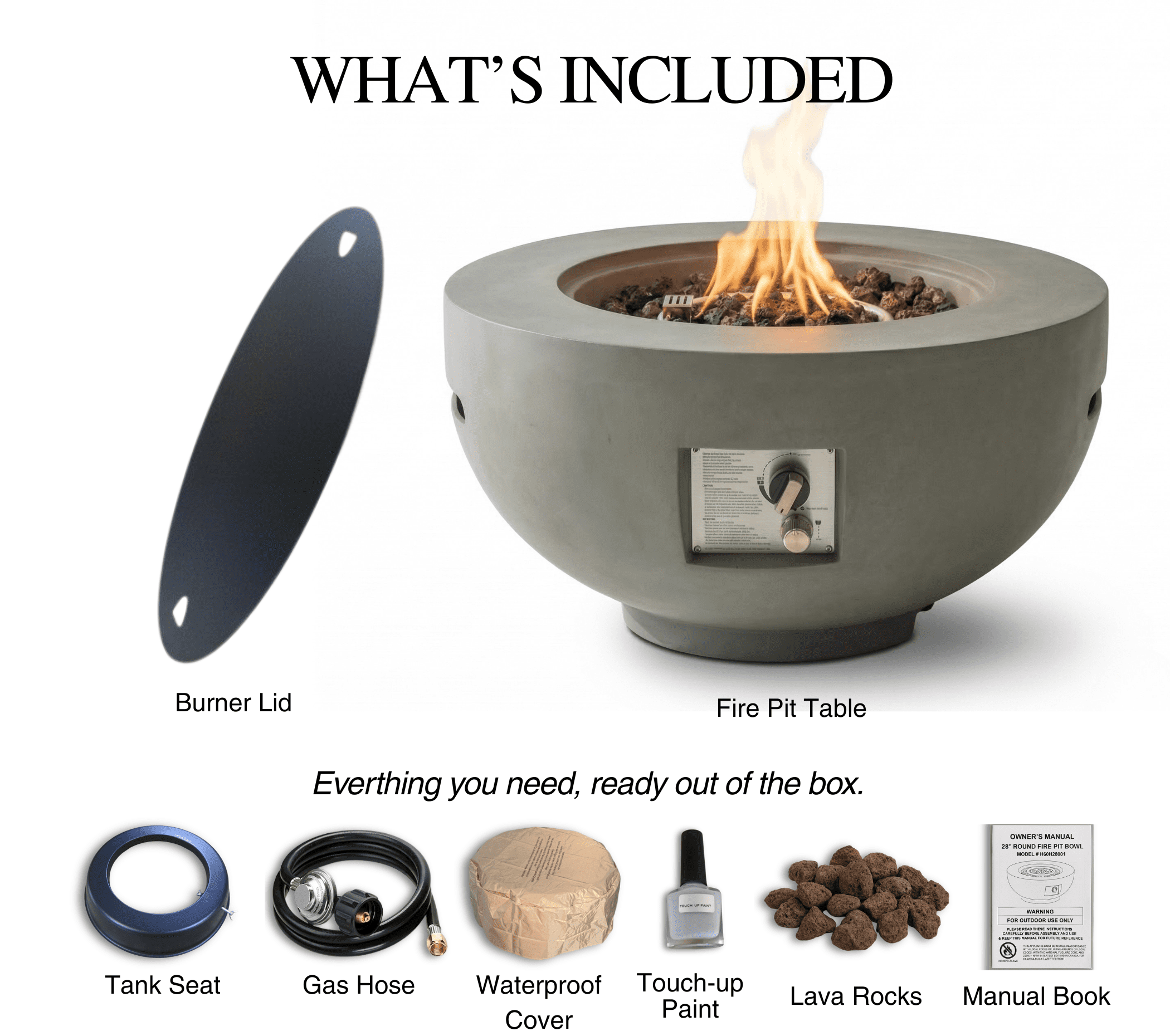 Anykoon 28" Outdoor Round Propane Fire Pit Table, 40,000 BTU Light Concrete Fire Pit with Lava Rocks, Rain Cover & Lid, Light Grey for Patio Garden Deck