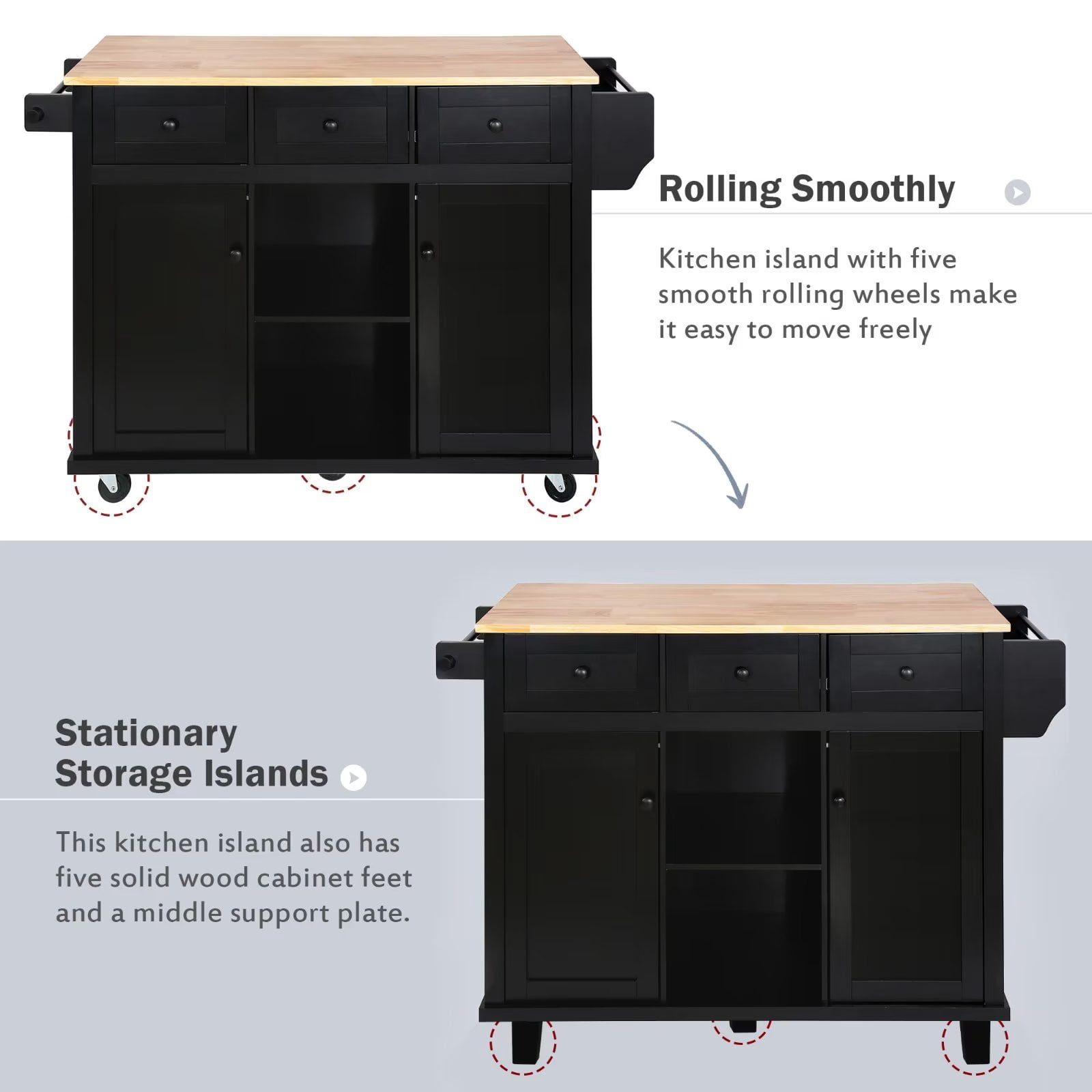 Kitchen Island Cart with Drop-Leaf Countertop, Rolling Storage Cart with 3 Storage Drawers & Adjustable Shelves, Modern Buffet Cabinet with Spice Rack and Towel Rack for Dinning Room, Black