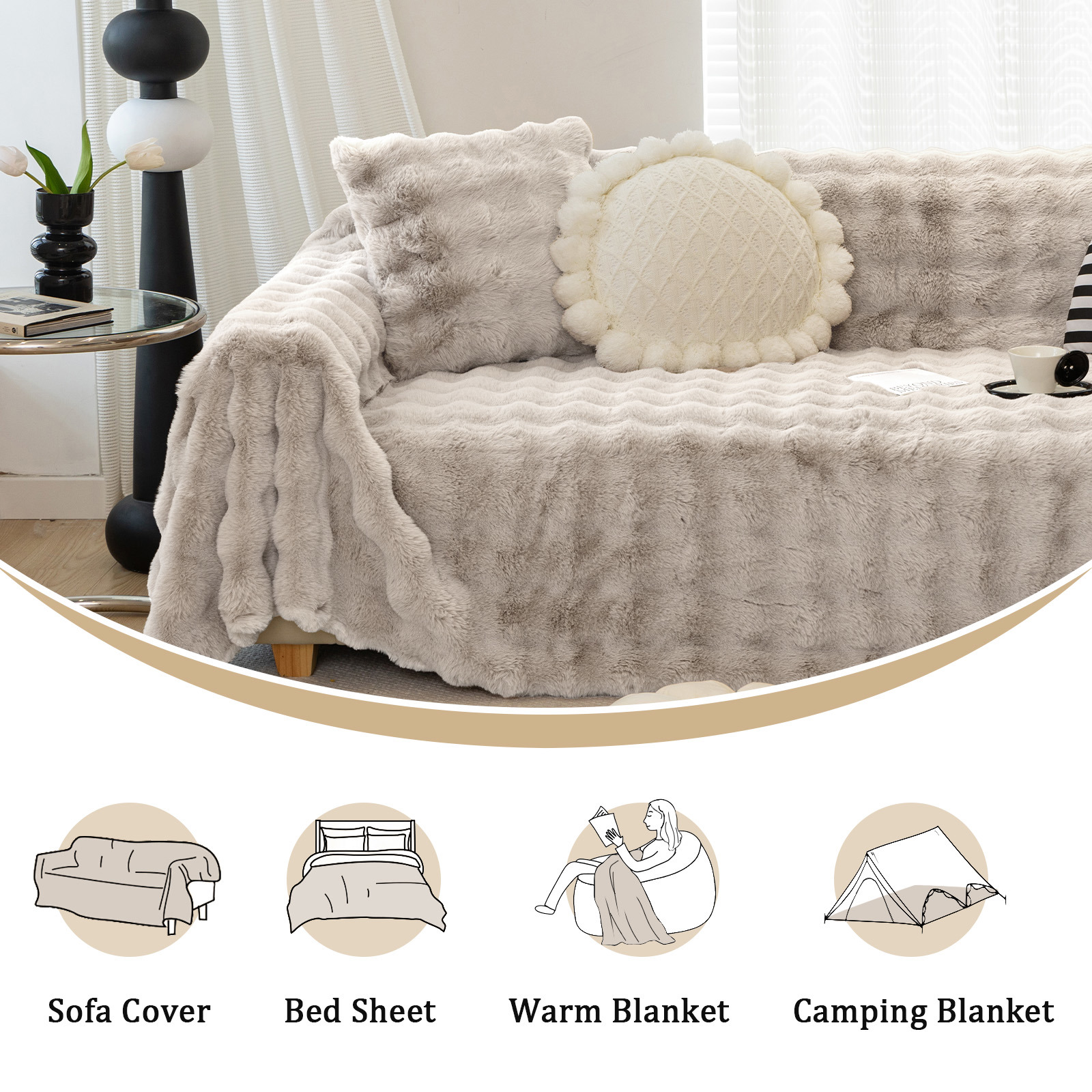 WOOW DEPOT Warm Faux Rabbit Fur Sofa Cover Machine Washable, Thick Throw Blanket L Shape Slipcover for 3 Cushion Couch, Coffee 71"x134"