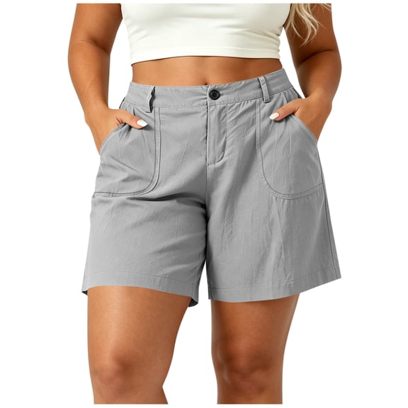 hoksml Women Plus Size Cotton Linen Casual Shorts with Pockets, Button Front Elastic Back Waist Summer Shorts